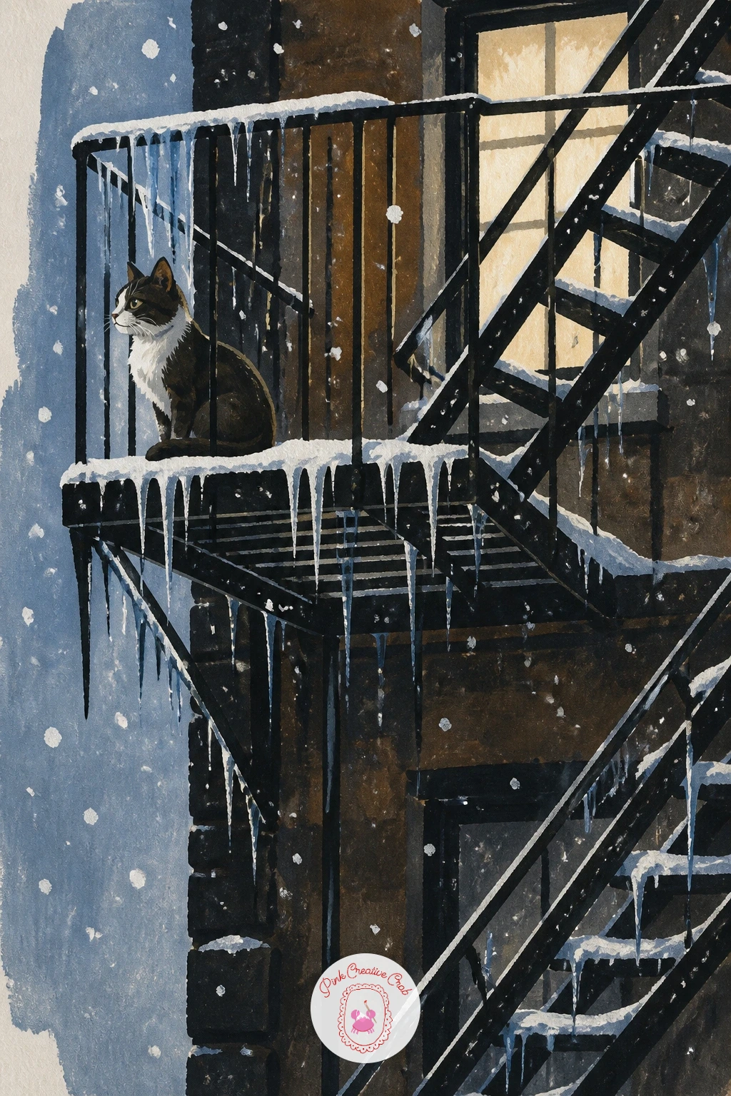 City Fire Escape With Icicles and a Cat — Climb back up for a close, vertical scene: a city fire escape hung with icicles, a cat watching the snow fall from