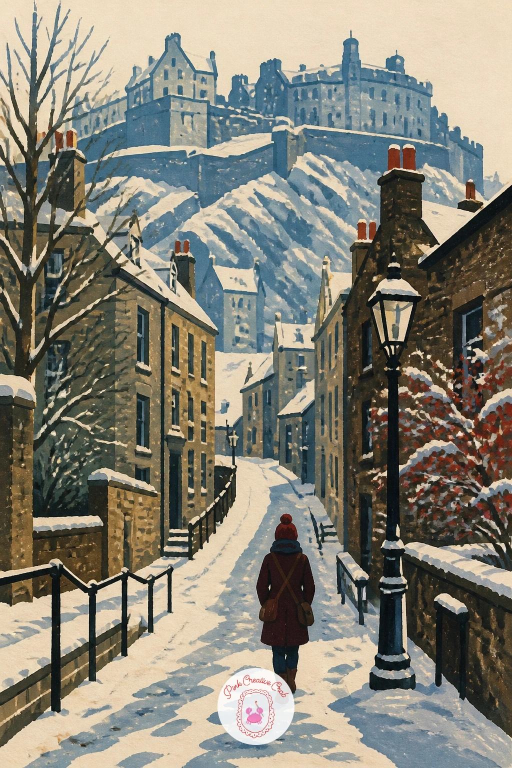 Edinburgh Street Below the Castle Rock — Pull back for a bigger view: an Edinburgh street with snow dusting the castle rock rising above it. City illustration