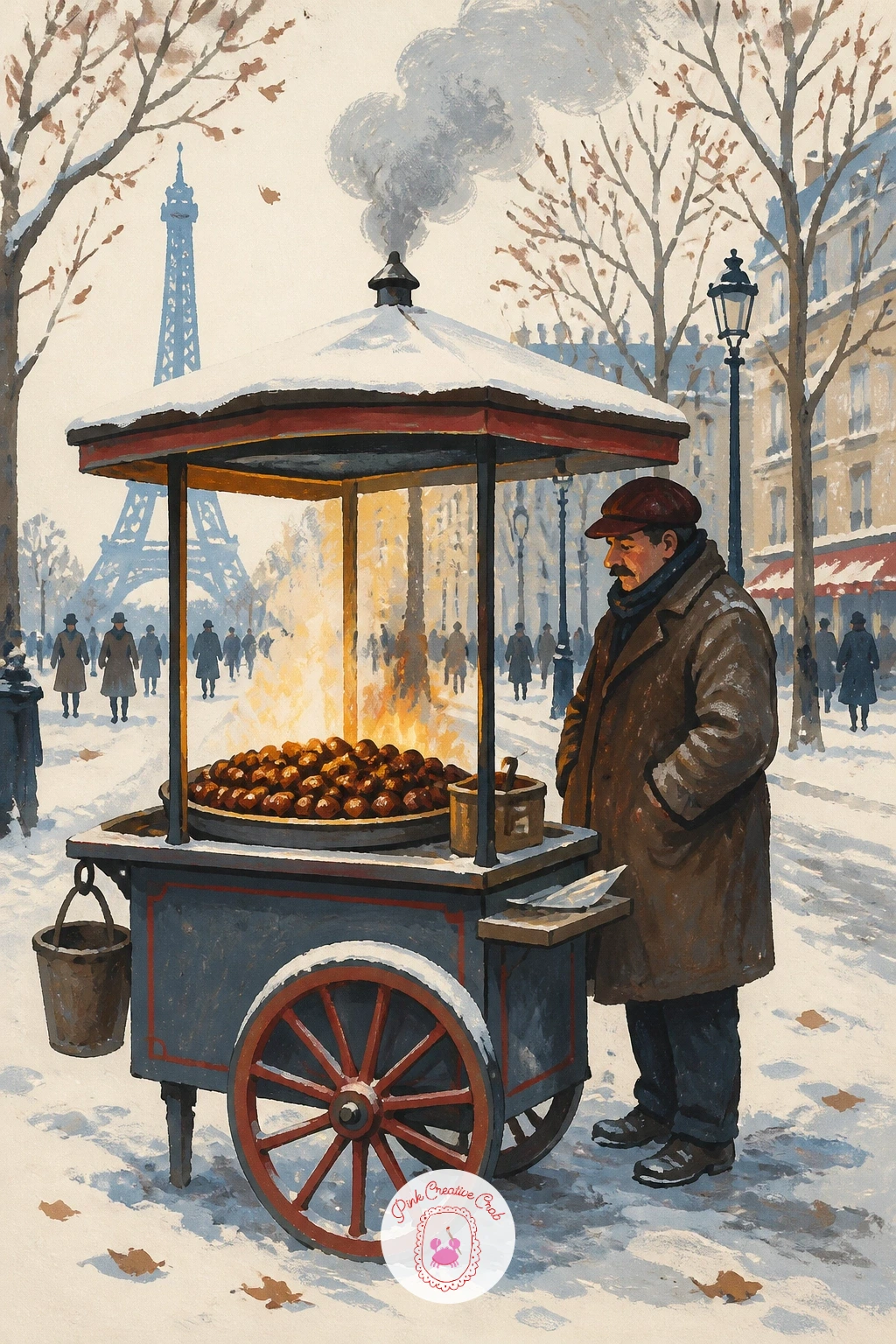 Hot Chestnut Cart on a Paris Boulevard — Warm things up again with a hot chestnut cart glowing on a snowy Paris boulevard. City illustration