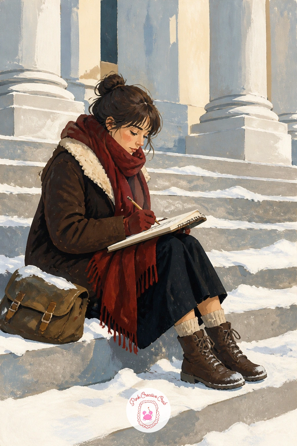 Girl Sketching on Snowy Museum Steps — Follow the chestnut vendor with a quieter scene nearby: a girl sketching in a notebook on wide museum steps dusted with