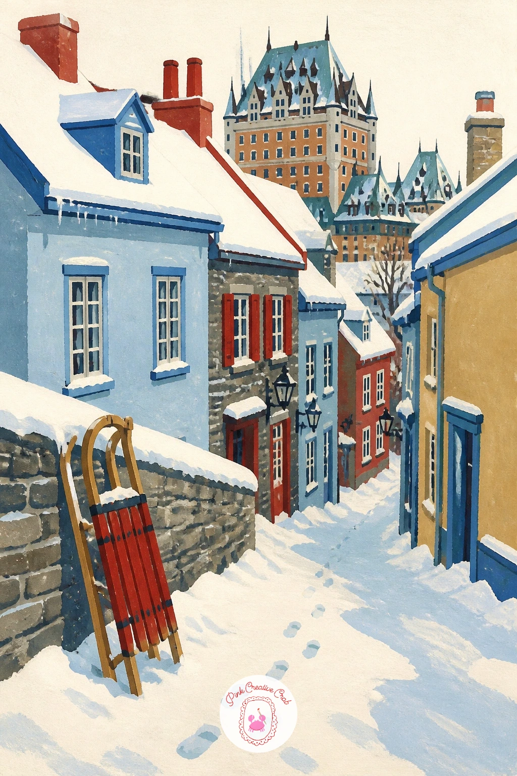 Quebec City Lane With a Sled — Carry the quiet mood into Quebec City with a narrow lane of snowy rooftops and a child's sled left out front. City illustration