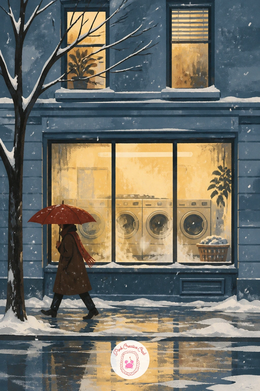 City Laundromat With Steamy Windows — Try something less obvious: a city laundromat glowing warm behind steamy windows while snow falls outside. City