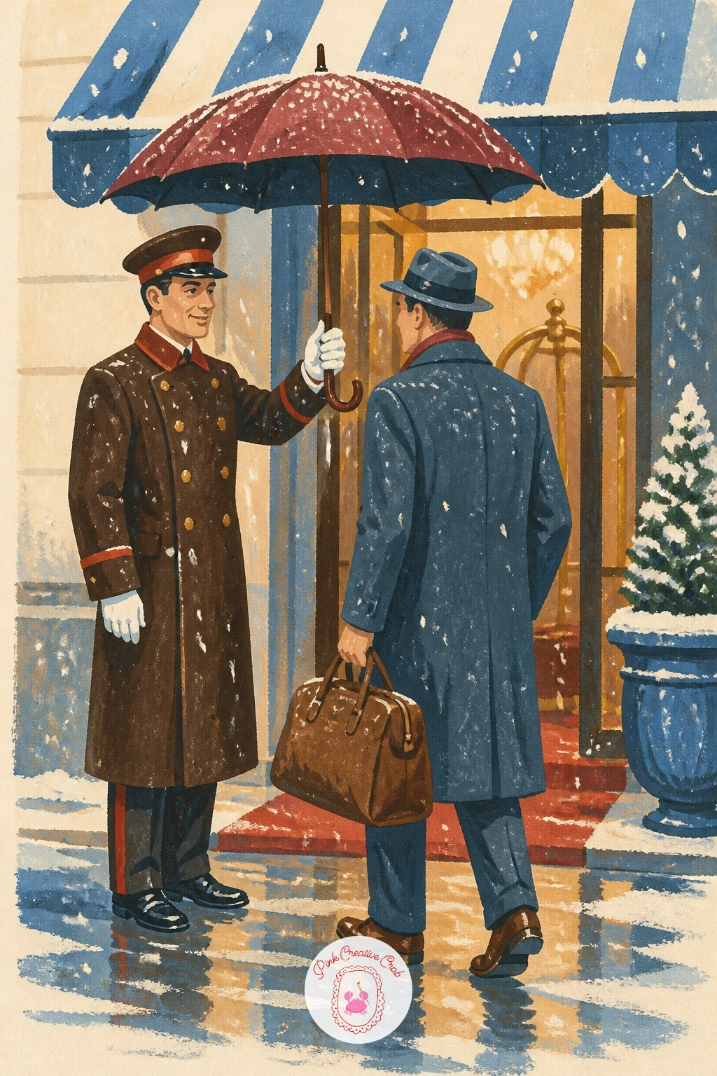 Hotel Doorman Greeting a Guest in Snow — Bring a little ceremony to the page: a hotel doorman holding an umbrella as he greets an arriving guest in falling