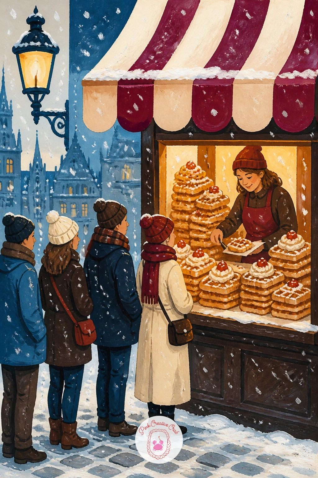 Brussels Waffle Window With a Queue — Add a little warmth and humor with a Brussels waffle window, a short queue of people waiting patiently in light snow.