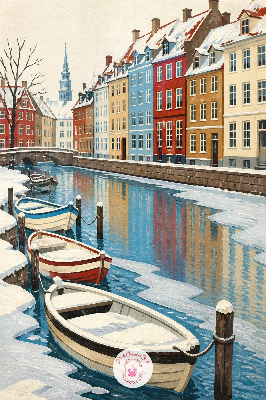 Copenhagen Canal With Frozen Edges — Return to still water for a Copenhagen canal, its edges frozen and a few small rowboats moored along the bank. City