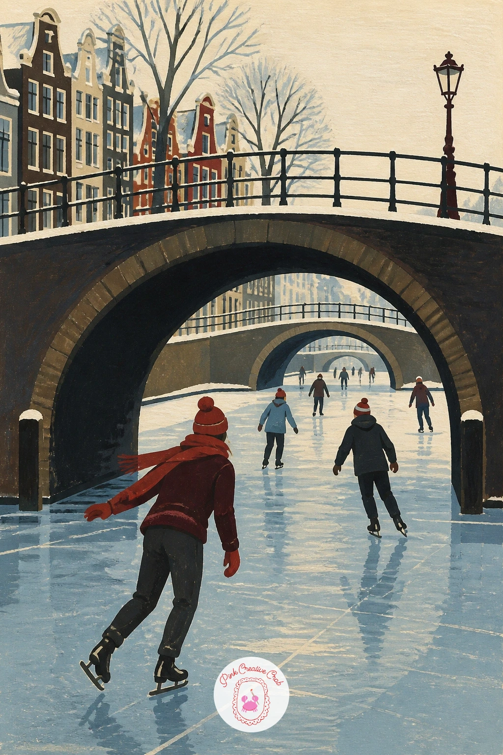 Skaters Under Arched Bridges on an Amsterdam Canal — Build a livelier winter scene with skaters gliding beneath the arched bridges of a frozen Amsterdam canal.