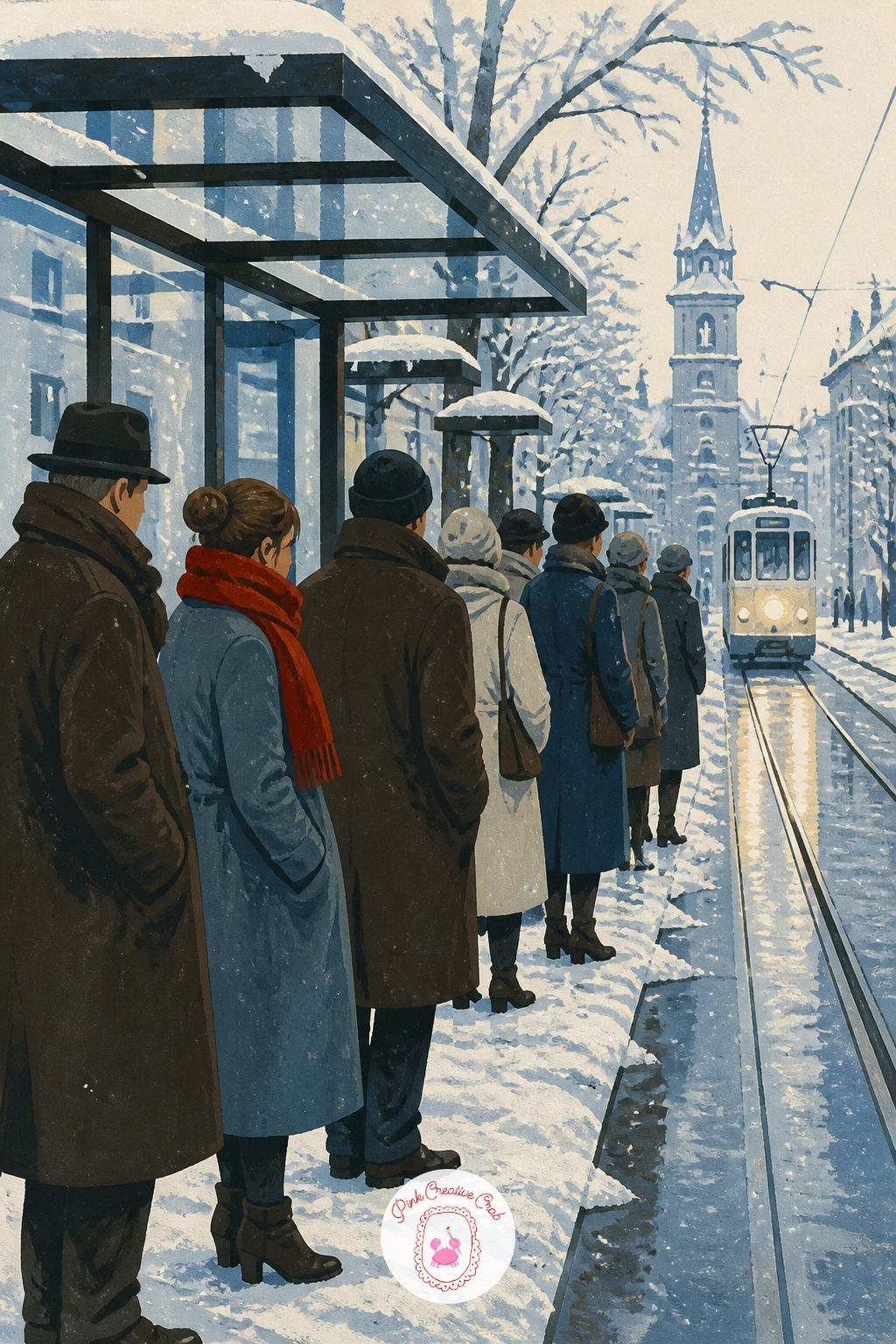 Zurich Tram Stop in Wool Coats — Close the set with a crowded Zurich tram stop, a group of people in long wool coats waiting together in the cold. City