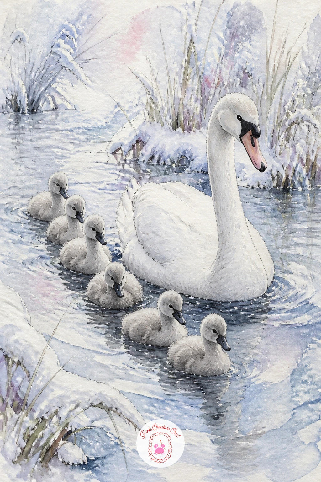 Swan Family With Grey Cygnets — Bring in the next generation with a swan family paddling past snowy reeds, grey cygnets trailing behind the parent. Swan drawing