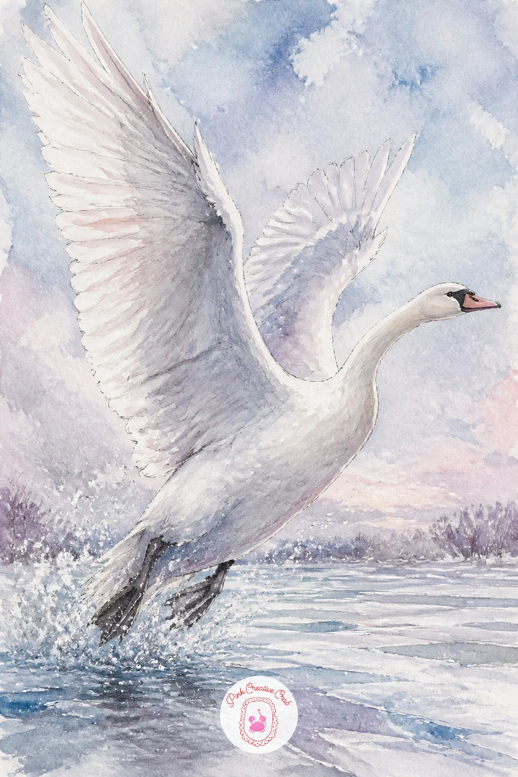 Swan Taking Off From Frozen Lake — Movement enters the list with a swan taking off from a frozen lake, wings spread wide. Swan drawing
