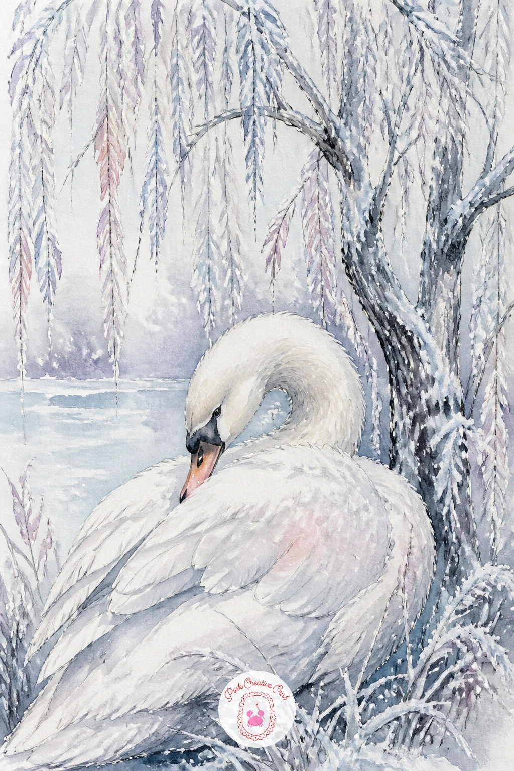 Swan Preening by a Frosty Willow — Settle the pace back down with a swan preening its feathers beside a frosty willow. Swan drawing