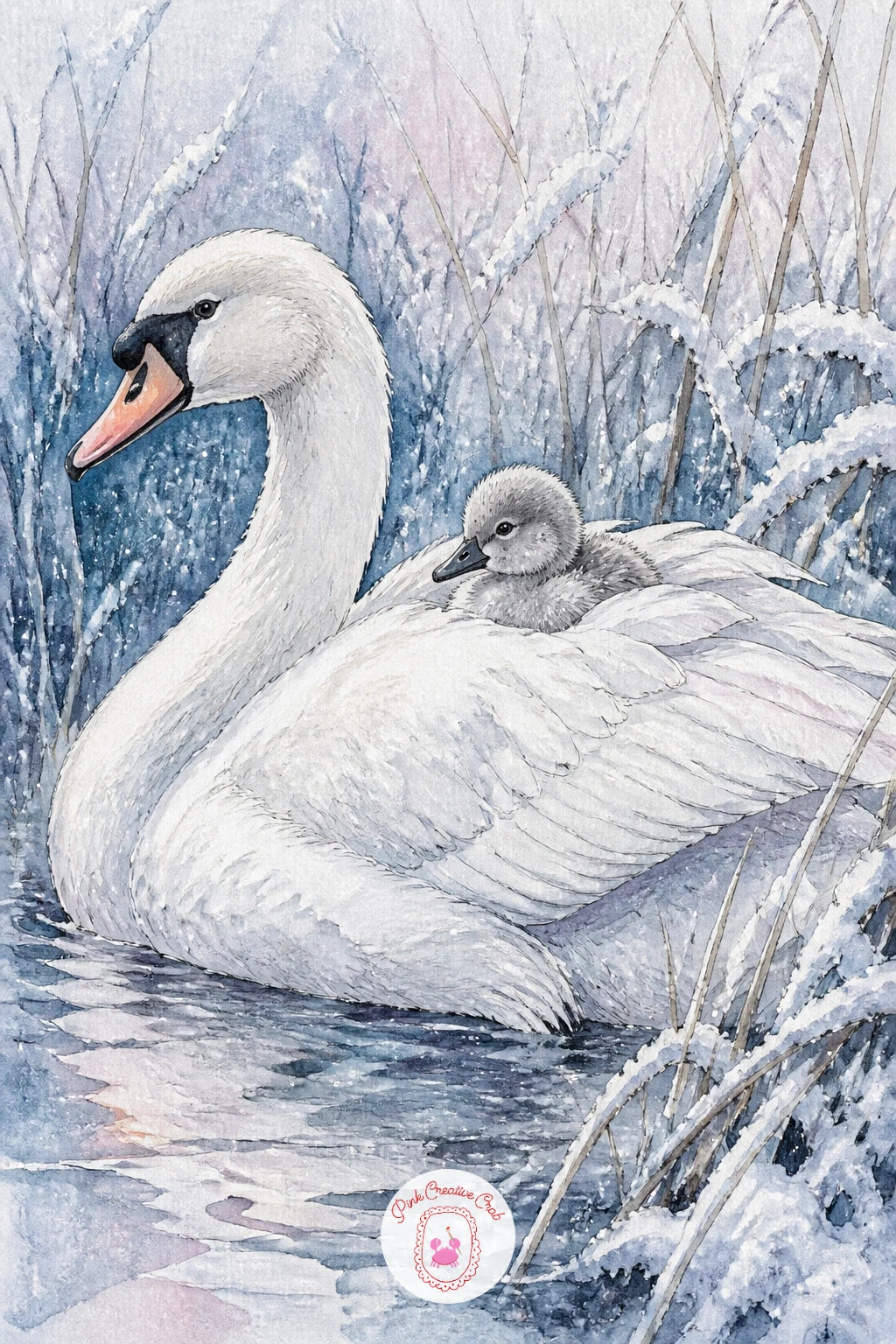 Cygnet Riding on Mother's Back — Few swan poses feel as gentle as a cygnet riding on its mother's back among snowy reeds. Swan drawing