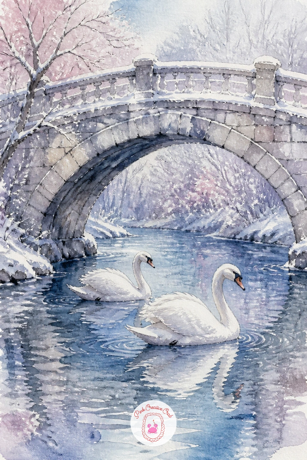 Two Swans Under a Stone Bridge — Bring in some architecture with two swans drifting under a stone bridge dusted with snow. Swan drawing