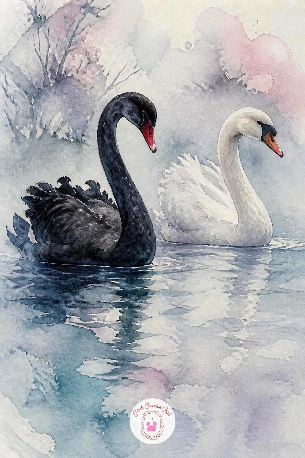 Black Swan and White Swan in Mist — For a bit of contrast, paint a black swan and a white swan swimming side by side in winter mist. Swan drawing