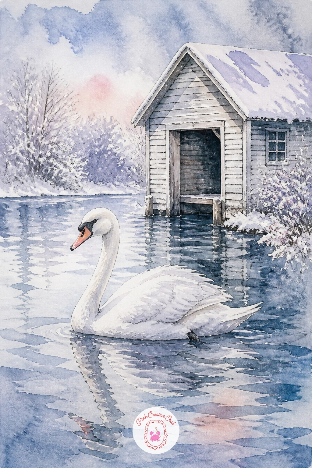 Swan Near a Snowy Boathouse — Add a small building with a swan swimming past a snowy wooden boathouse. Swan drawing