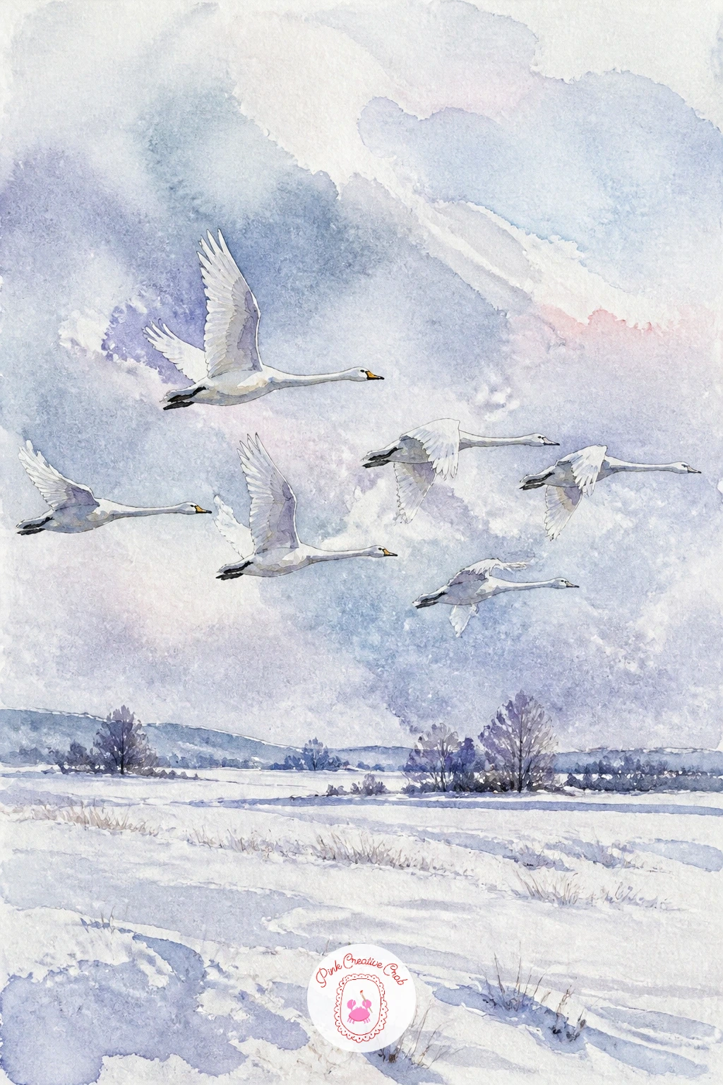Flock of Whooper Swans Over Snowy Field — Scale up with a flock of whooper swans flying over a snowy field. Swan drawing