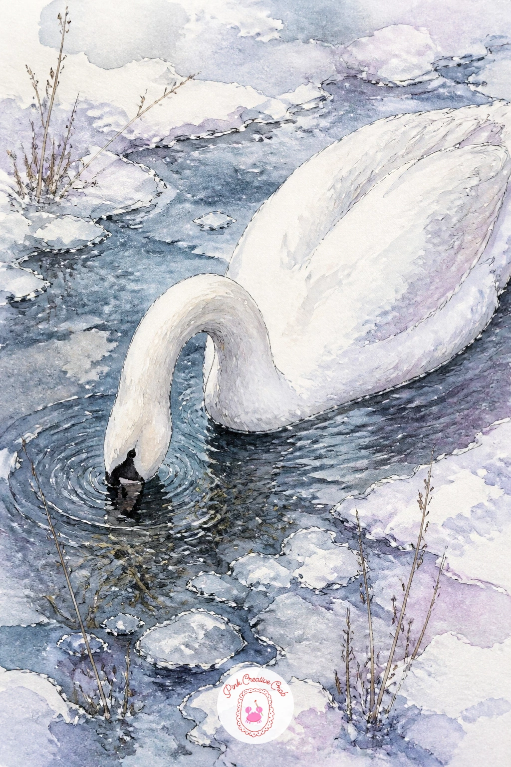Swan Dipping for Weeds in Half-Frozen Stream — Return to a single bird with a swan dipping for water weeds in a half-frozen stream. Swan drawing