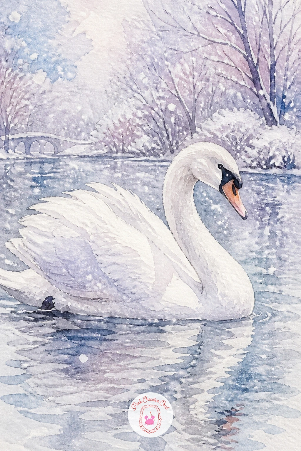 Swan Gliding Through Falling Snow — Bring weather into the scene with a swan gliding through falling snowflakes on a city park pond. Swan drawing