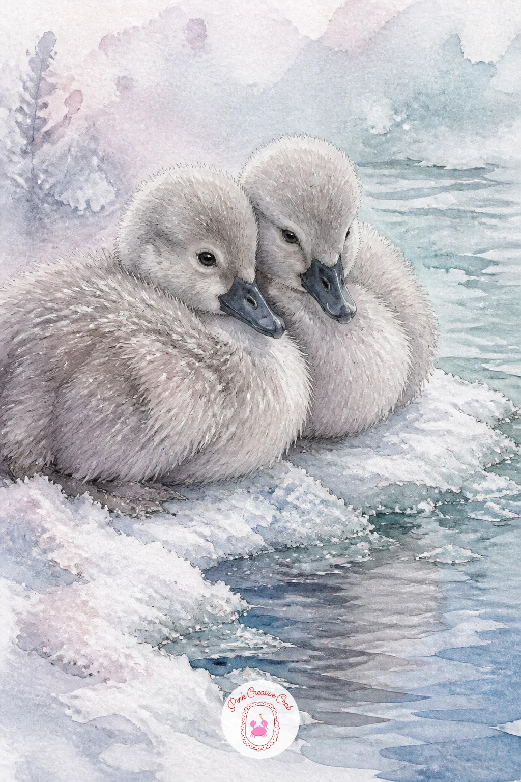 Two Cygnets Huddled on Icy Shore — Shift the focus briefly to the youngest birds with two cygnets huddled together on the icy shore. Swan drawing