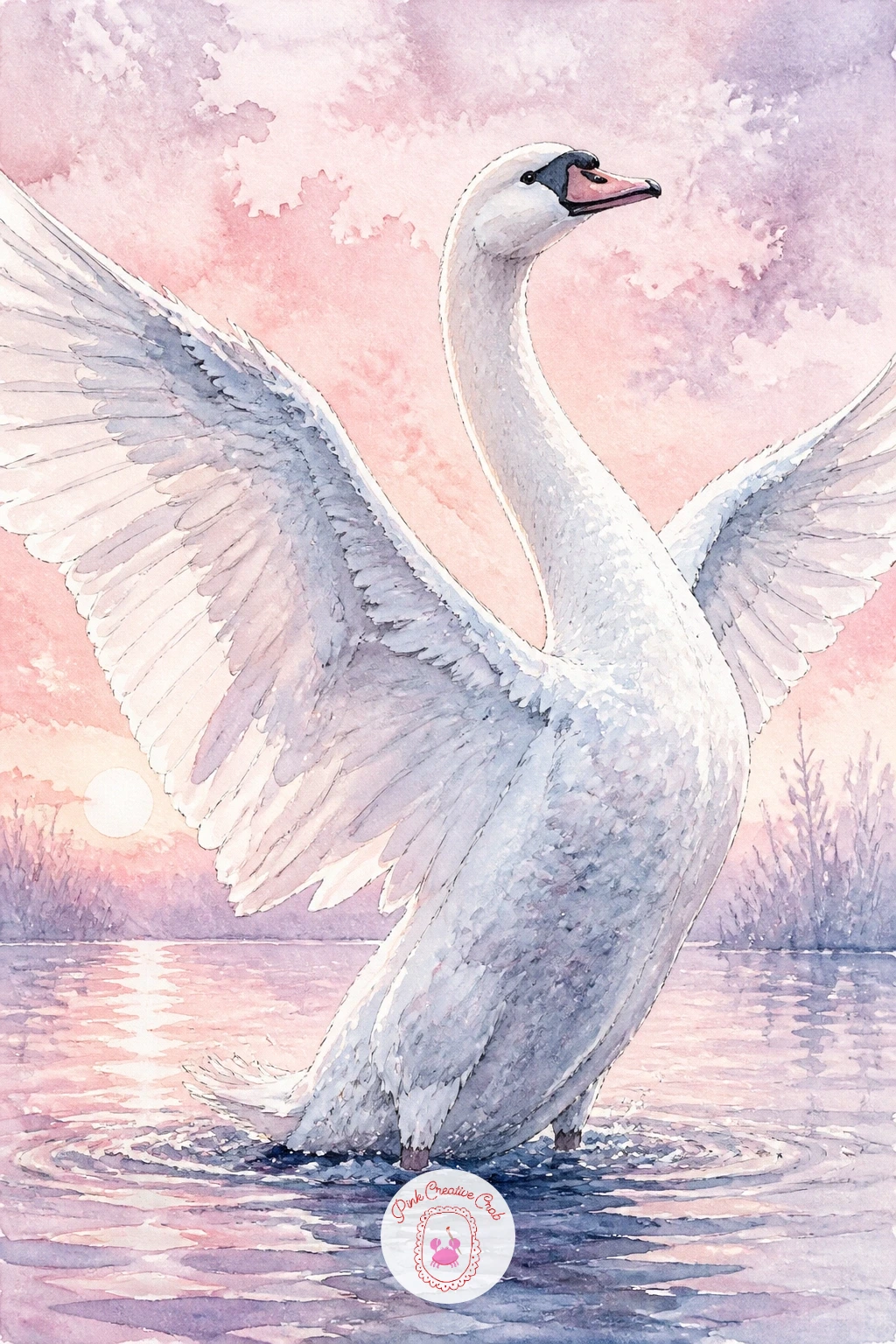 Swan Stretching Wings in Pink Morning Light — Light takes over the lead role with a swan stretching its wings in pale pink morning light. Swan drawing