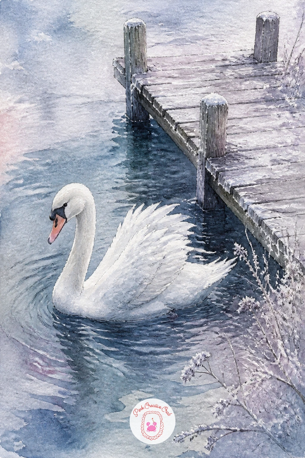 Swan Near a Frosted Wooden Jetty — Return to still water with a swan swimming near a little wooden jetty covered in frost. Swan drawing