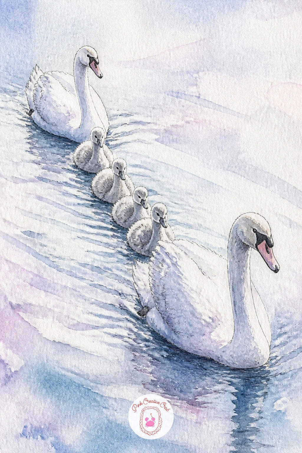 Swan Family Crossing in a Neat Line — Return to the whole family with a swan family crossing a lake in a neat line, parents at front and back, cygnets tucked