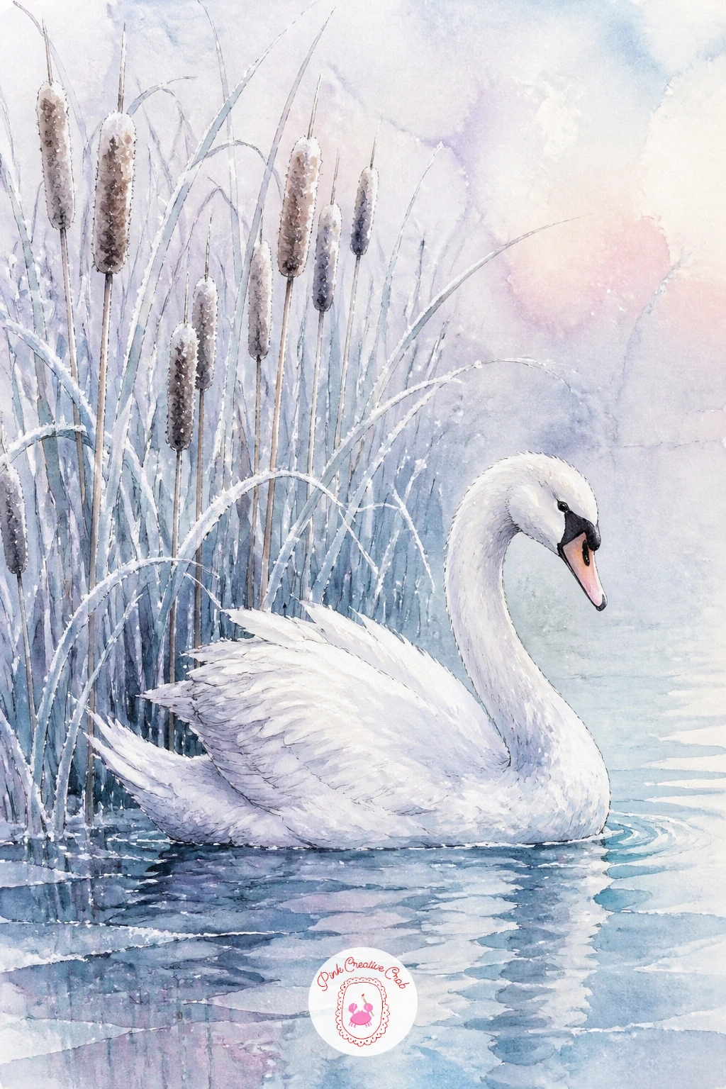 Swan Beside Frosted Bulrushes — Give the composition some vertical interest with a swan floating beside frosted bulrushes. Swan drawing