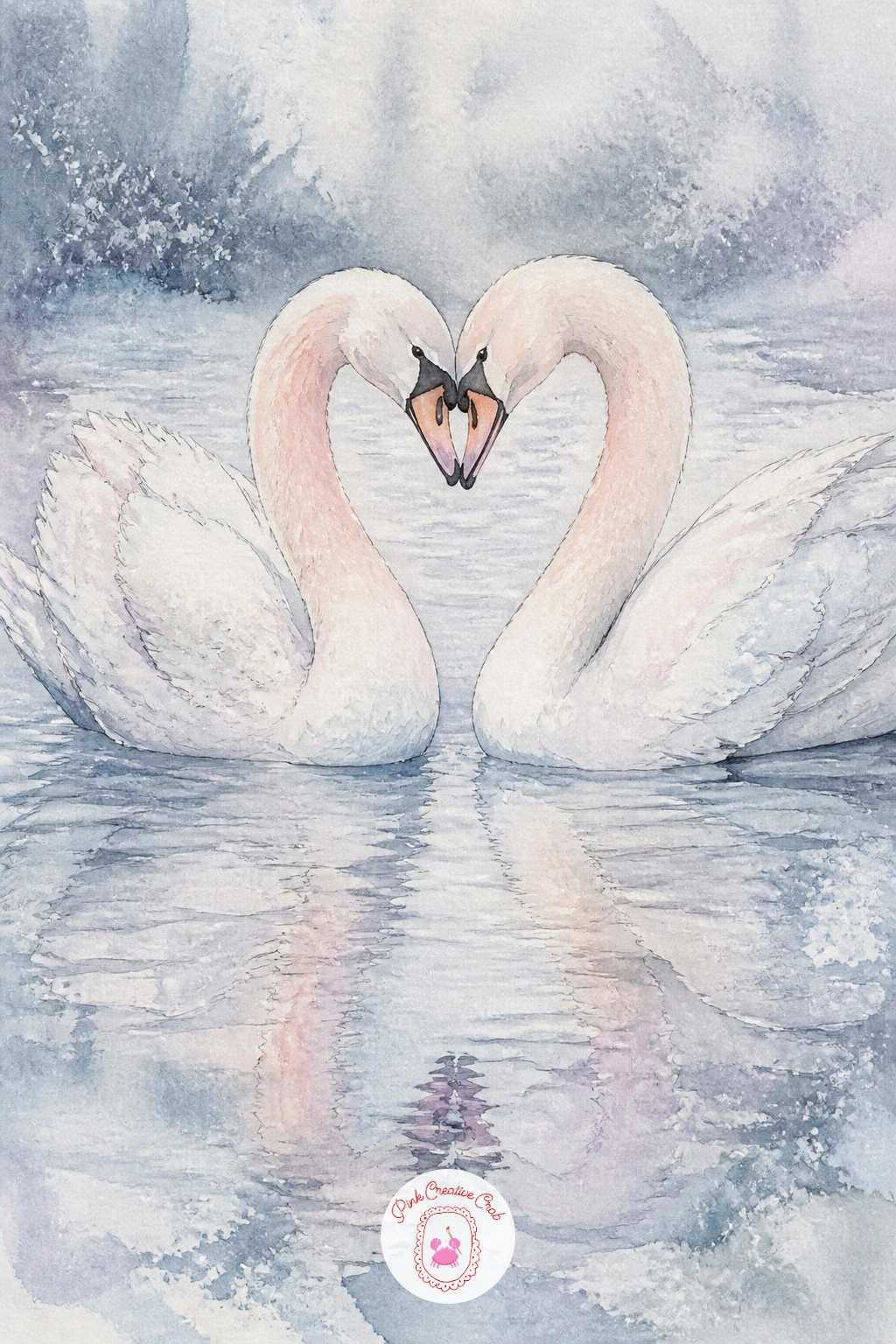 Swan Pair Touching Beaks — Return to intimacy with a swan pair touching beaks on a quiet frozen lake. Swan drawing