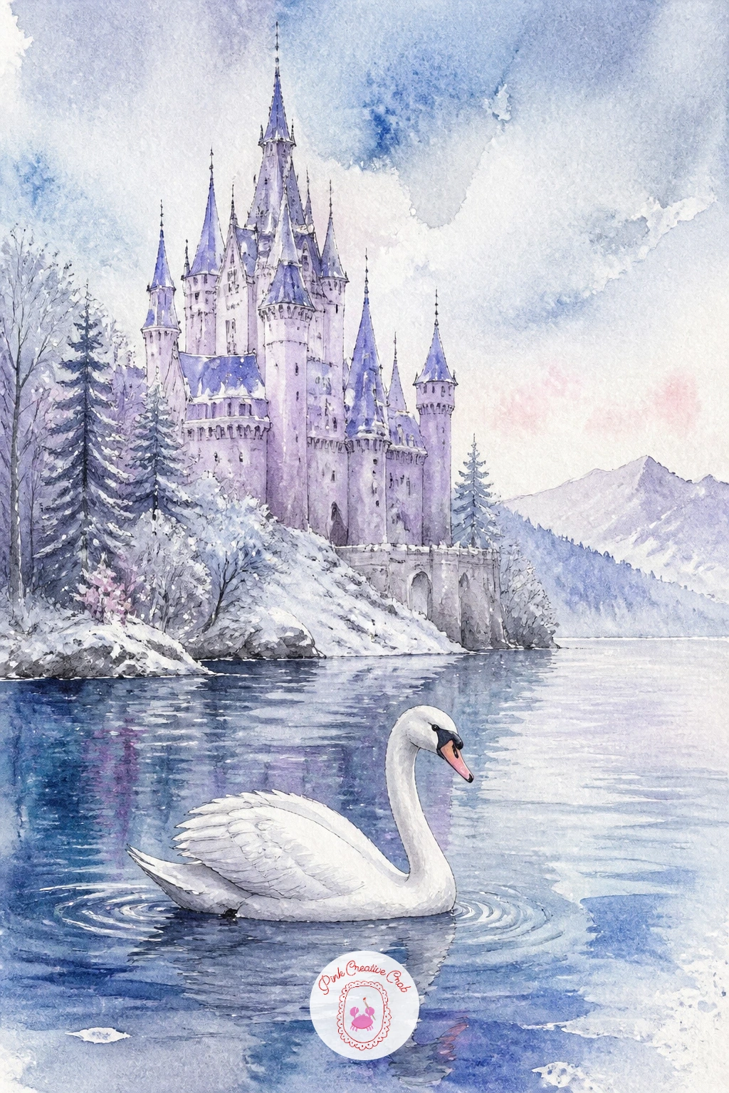 Swan Past a Snowy Castle — Scale up the setting with a swan drifting past a snowy castle on the lake shore. Swan drawing