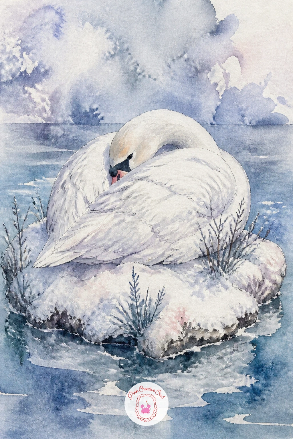 Swan Napping on a Snowy Island — Keep things calm again with a swan napping on a tiny snowy island in the middle of a pond. Swan drawing