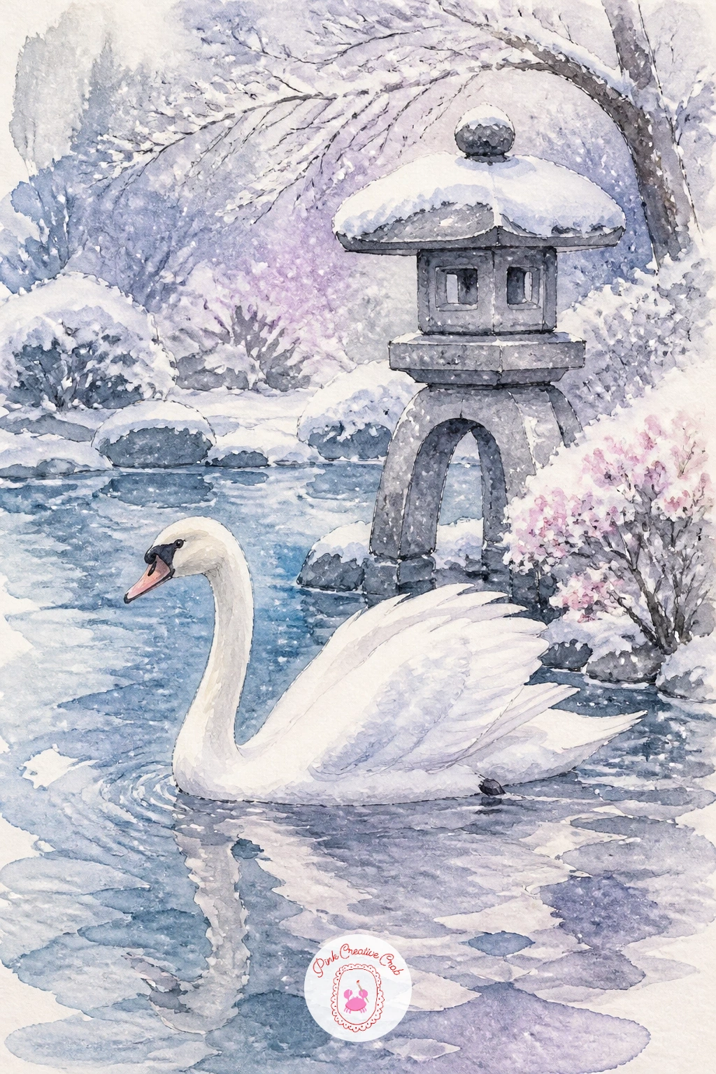 Swan by a Stone Lantern in a Japanese Garden — Bring in a touch of garden architecture with a swan gliding past a stone lantern in a snowy Japanese garden.
