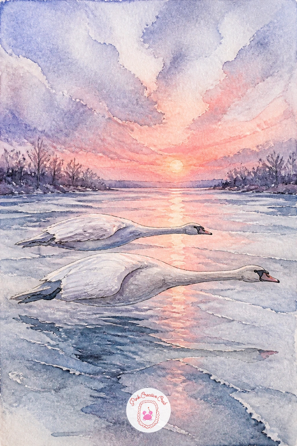 Swan Pair Flying Low at Sunset — Close the list with a pair of swans flying low over a frozen river at sunset, pulling every mood from this collection into one