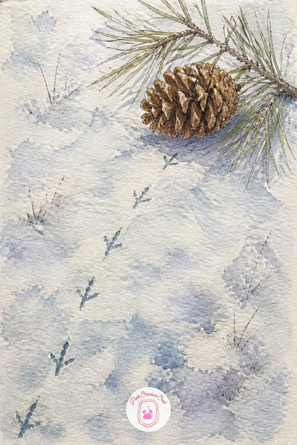 Bird Tracks To A Fallen Pinecone — Bird tracks make a satisfying next subject because the whole page is really about one simple path moving across snow. Nature