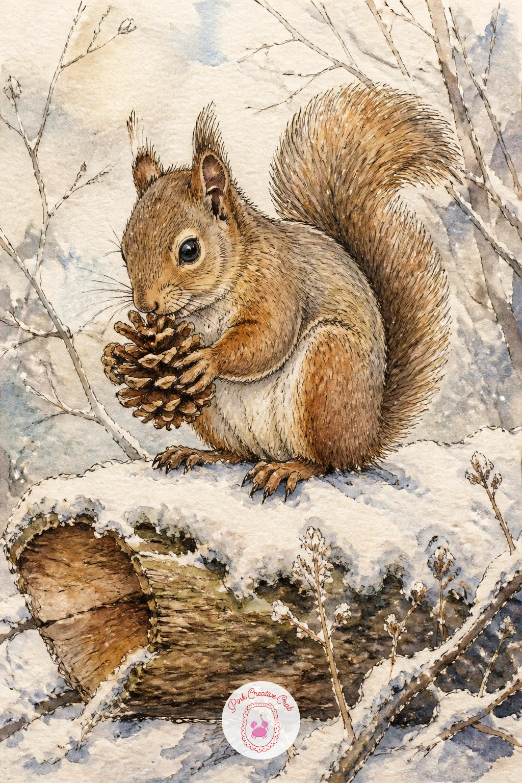 Squirrel Nibbling A Pinecone On A Log — Move from tracks to the animal that might have left them, with a squirrel perched on a snowy log working through an