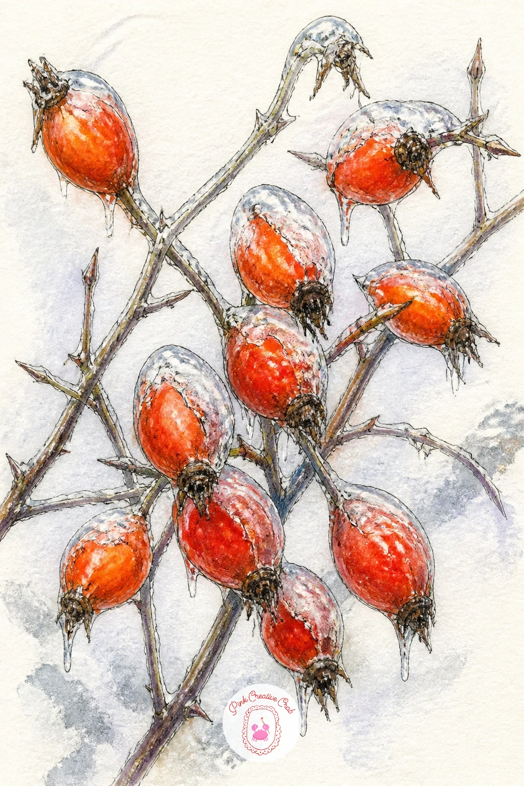 Rose Hips Glazed With Ice — Rose hips hanging on a bare hedge after a frost give you strong color against a quiet background, which makes them a good small