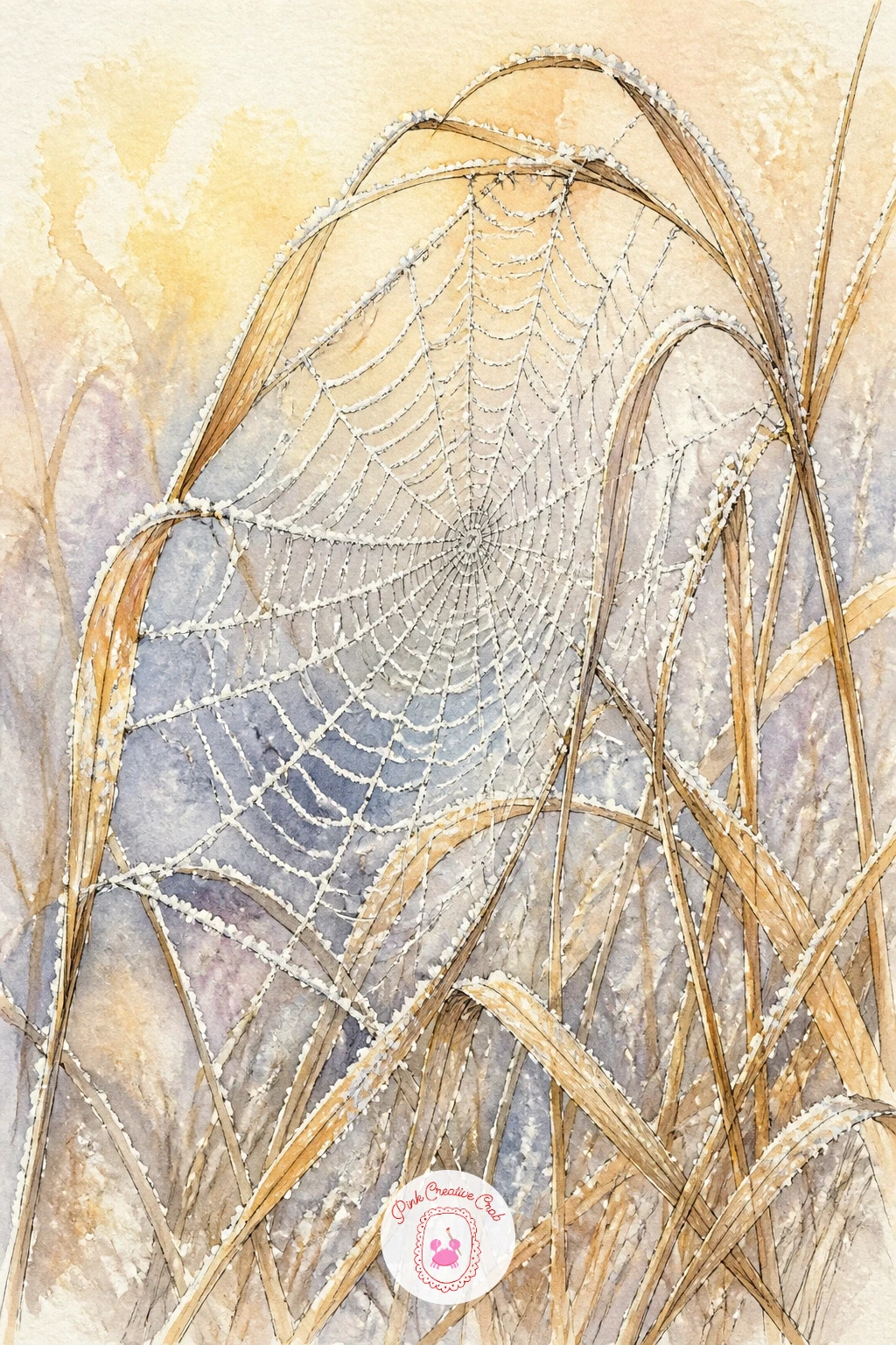 Frozen Spider Web Between Grass Stems — Few things reward careful observation like a spider web frozen mid-air between dry grass stems. Nature drawing