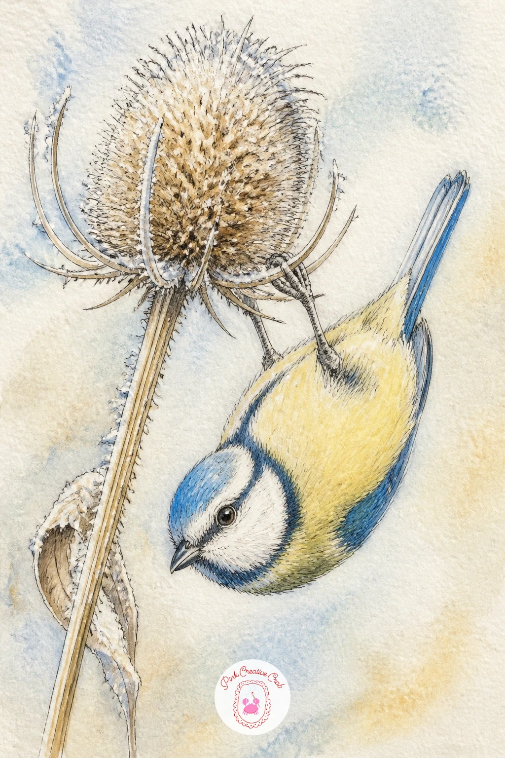 Blue Tit On A Seed Head — A blue tit hanging upside down from a seed head is a lively little scene that asks you to think about balance more than most birds on