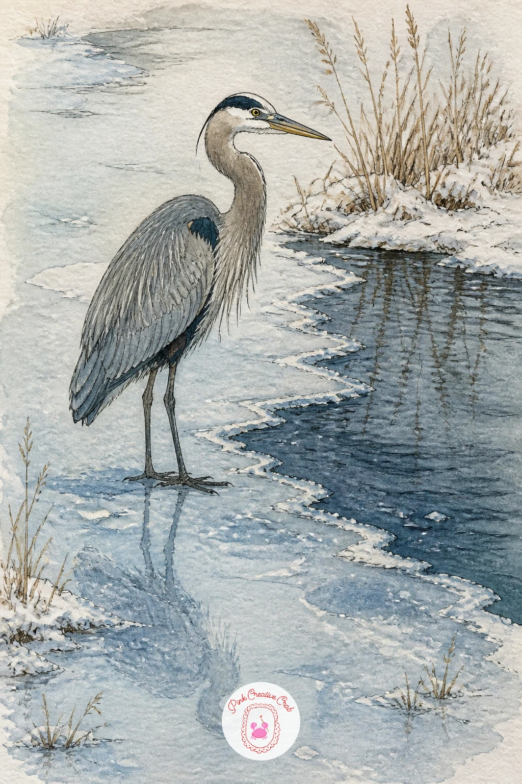 Heron At The Edge Of Icy Water — A heron standing motionless at the edge of an icy pond is a good subject for practicing patience in your line work, since the