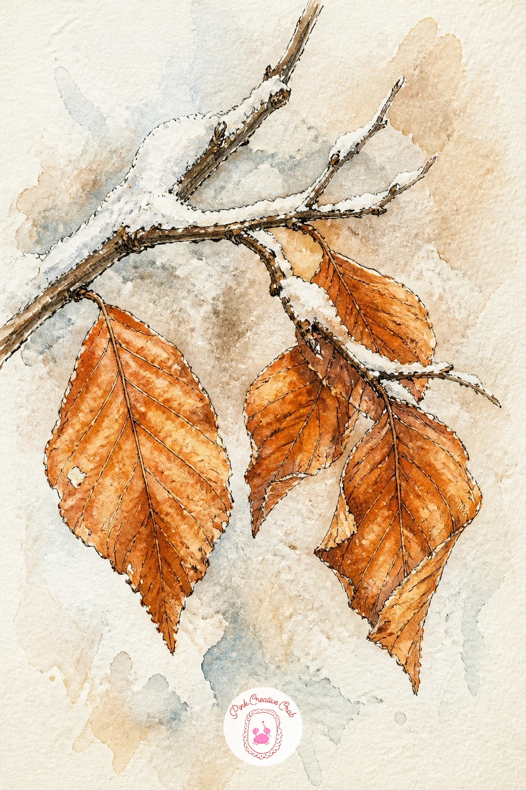 Snowy Beech Twig With Copper Leaves — Beech twigs that hold onto their papery copper leaves through winter make a quiet, almost botanical study, a nice