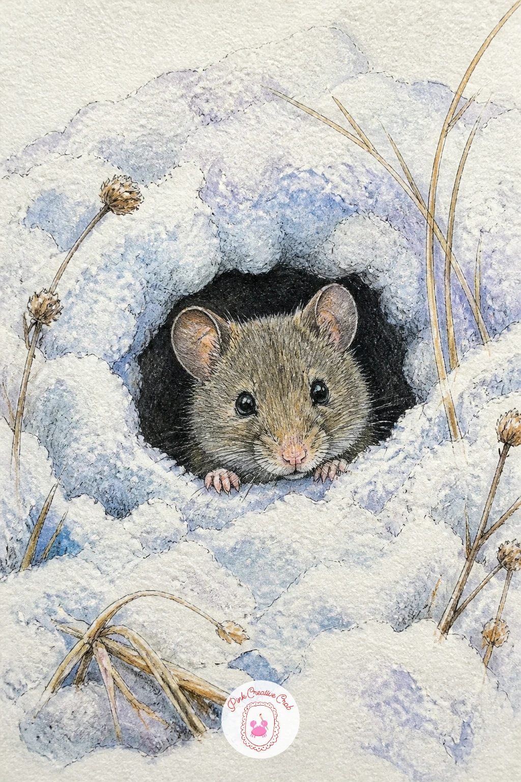 Field Mouse Peeking From A Burrow — A field mouse peeking out from a burrow entrance in the snow gives you a chance to draw something shy and half hidden