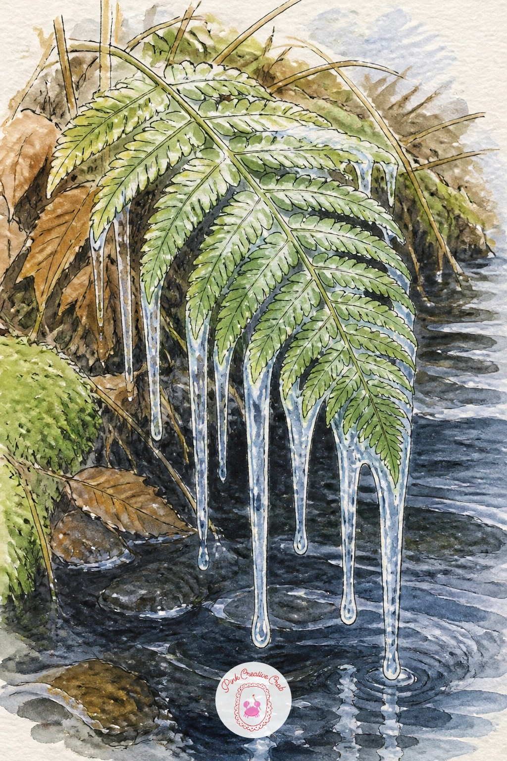 Icicles Dripping From A Fern On A Creek Bank — Icicles hanging from a fern frond at the edge of a creek combine two very different textures on one small page