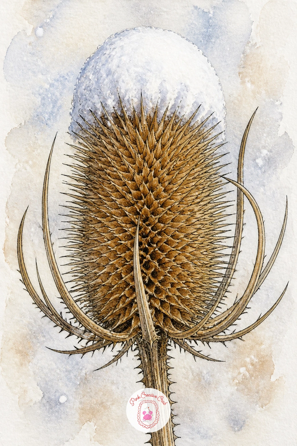 Teasel Head Wearing A Snow Cap — A dried teasel head with a small neat cap of snow balanced on top is one of the more graphic, pattern-like subjects here, good