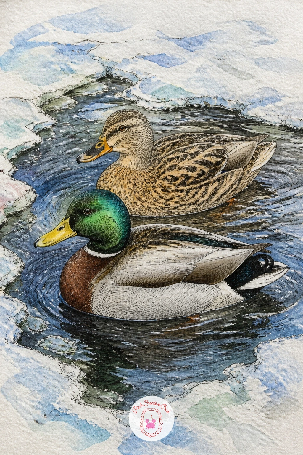 Mallard Pair In Open Water — After several frozen scenes, a pair of mallards paddling in one patch of open water on an otherwise iced pond makes a welcome
