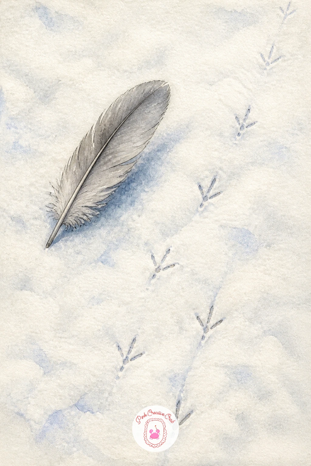 Fallen Feather Beside Tiny Tracks — A single fallen feather lying on fresh snow next to a scatter of tiny tracks is a quiet, almost still life subject that
