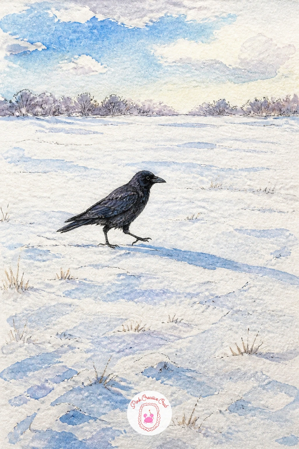 Crow Walking A Snowy Field — A crow walking across an open snowy field is almost entirely a study in silhouette and one confident shape. Nature drawing