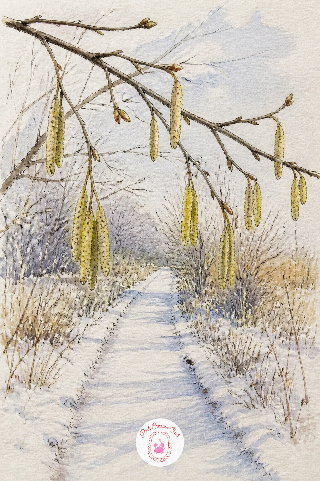 Hazel Catkins Over A Snowy Path — Hazel catkins dangling over a snowy path in late winter bring a welcome bit of yellow green into an otherwise pale page.