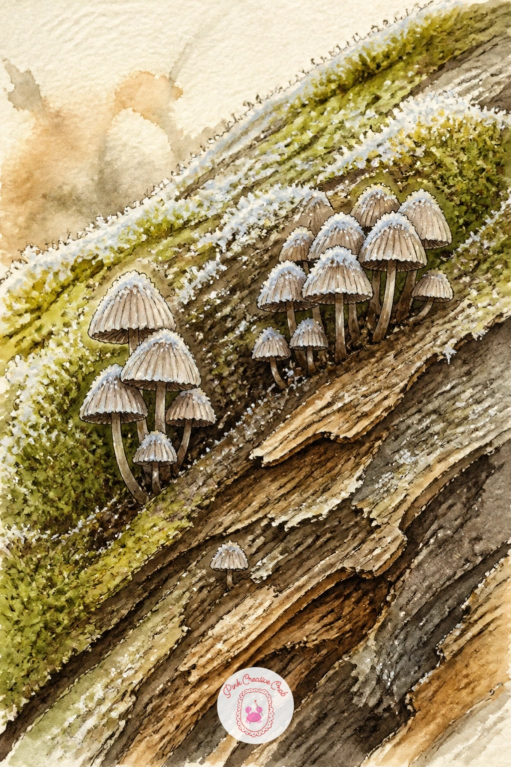Frost-Covered Mushrooms On A Mossy Log — A mossy log scattered with tiny frost-covered mushrooms is a good subject once you want to practice drawing a cluster