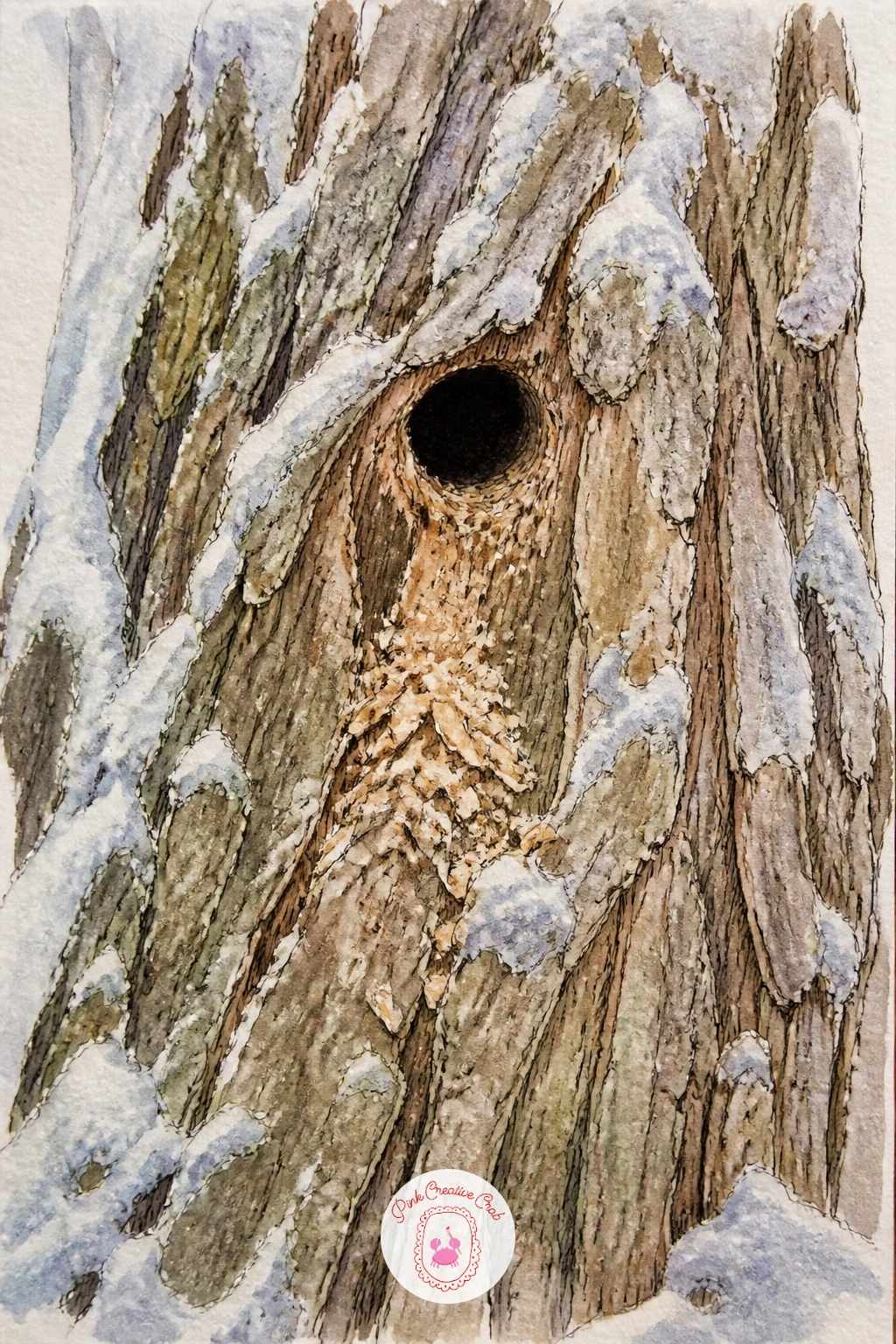 Woodpecker Hole In An Old Trunk — An old snowy tree trunk with a single round woodpecker hole part way up is a simple composition built almost entirely around