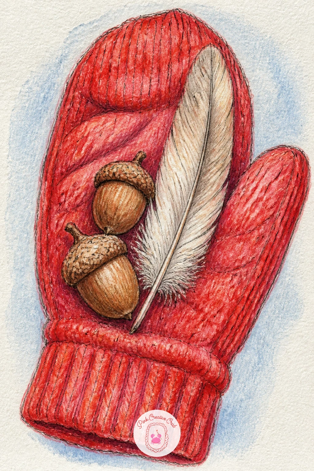 Red Mitten Holding Found Treasures — A red mitten held out flat, cradling a few acorns and a single feather found on a walk, makes a personal, still life kind