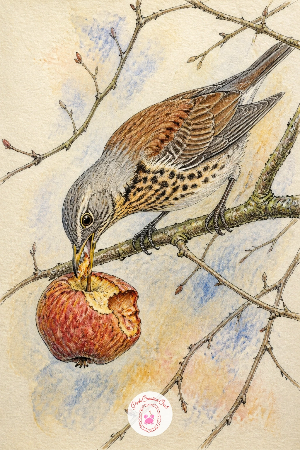 Fieldfare Eating The Last Apple — A fieldfare pecking at the last soft apple left hanging on an otherwise bare tree is a good chance to pair a colorful bird