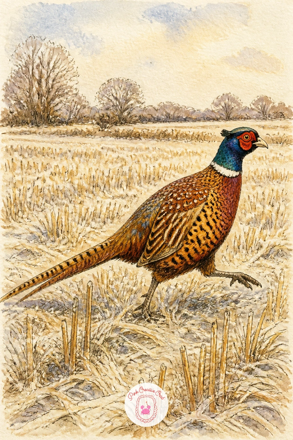 Pheasant Crossing A Frosty Stubble Field — A pheasant stepping carefully across a frosty stubble field lets you combine a strongly patterned bird with a simple